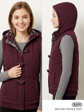 BGSD Maroon Quilted Hooded Toggle Vest Flannel Plaid Flannel Lining - Size Small